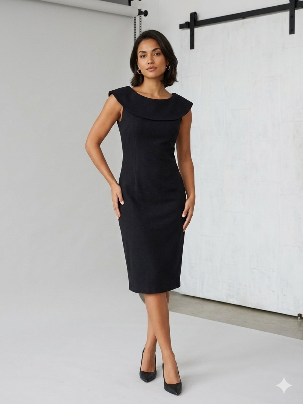 Banana Republic Italian Wool Black Midi Sheath Dress with Sculpted Neckline